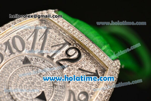 Franck Muller Cintree Curvex Swiss Quartz Steel/Diamonds Case with Diamonds Dial Numeral Markers and Green Leather Strap - Click Image to Close